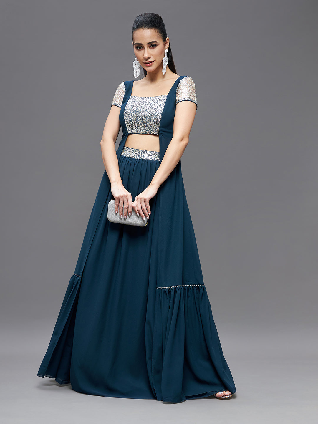 Women's Teal Embellished Square Neck Short Sleeves Waist Band Pocketed Tiered Maxi Co-Ord Set.