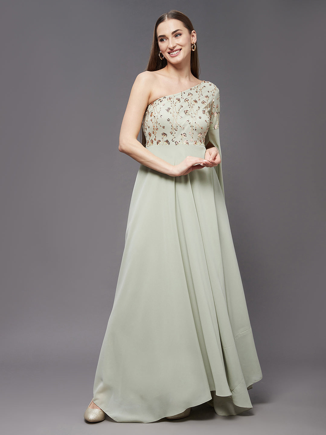 Women's Dusty Green And Golden Sequined Party Asymmetric Maxi Dress