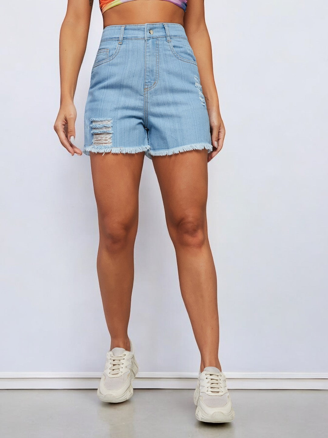 Women's Blue Relaxed Fit Mid Rise Highly Distressed Regular Length Denim Shorts