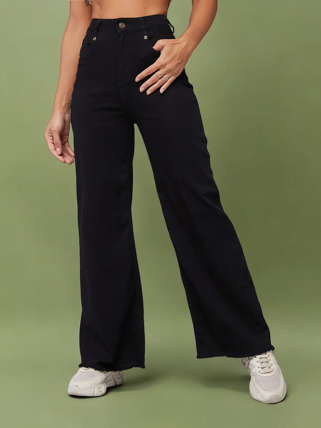 24/7 Comfort Women's Black High Rise Clean Look Regular Length Stretchable Wide Leg Denim-Jeans