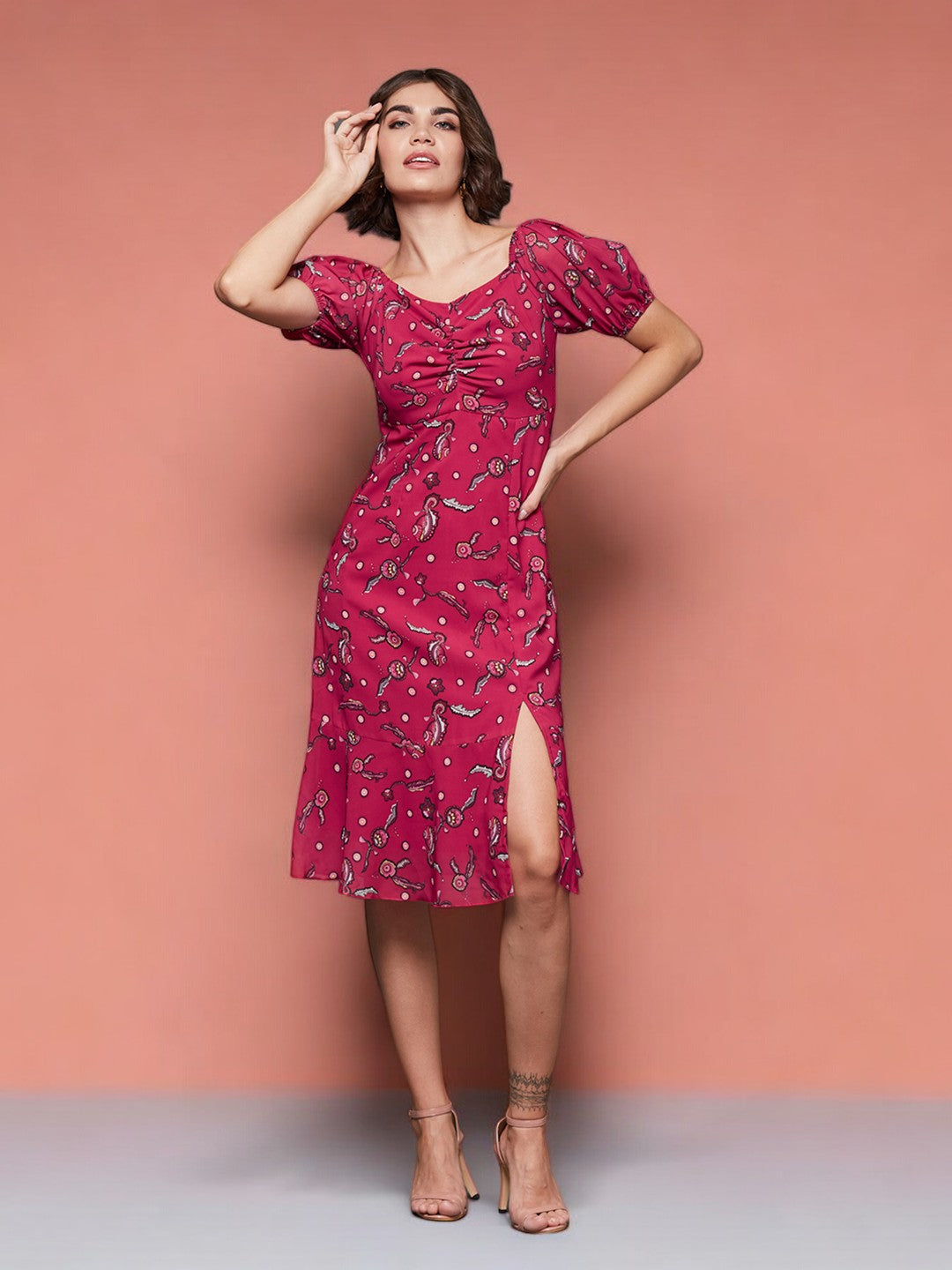 Women's Multicolored-Base-Dark Pink Sweetheart Half Sleeve Floral Fit & Flare Midi Dress