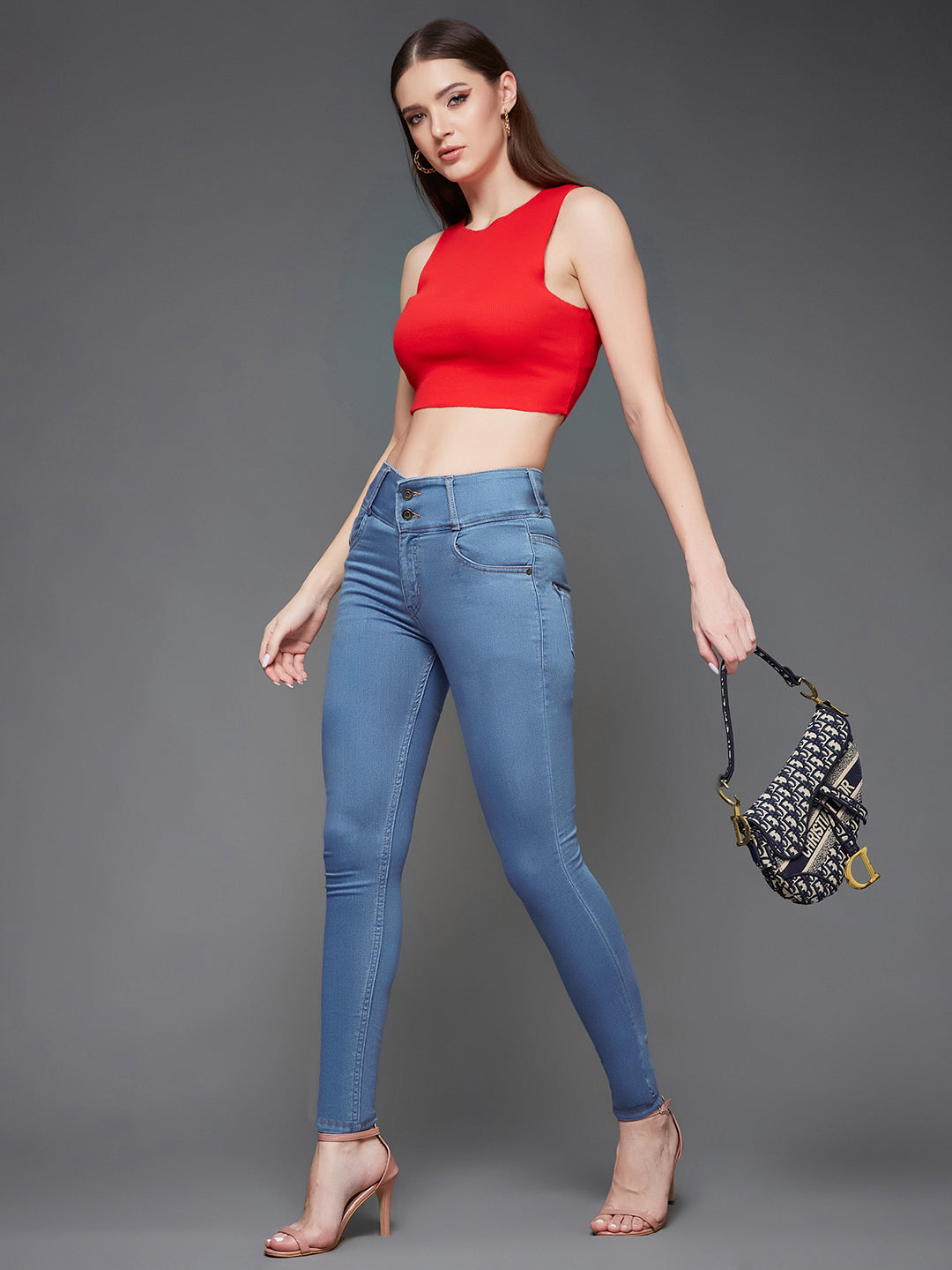 Women's Blue Skinny Fit High Rise Clean Look Regular Length Ice Wash Stretchable High Waist Denim Jeans
