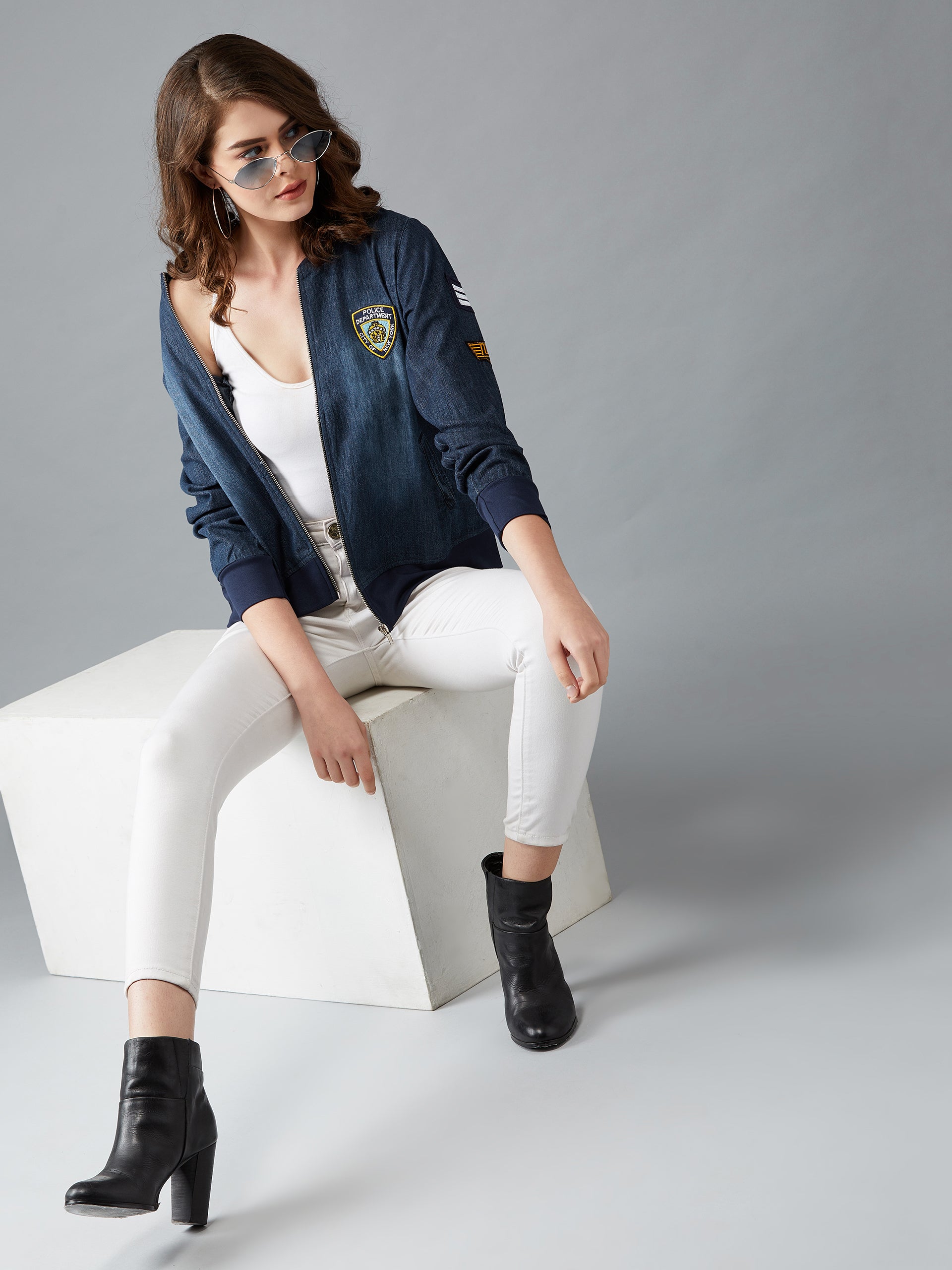 Women's Navy Blue V-Neck Full Sleeve Solid Embroidered Detail Patched Denim Bomber Jacket