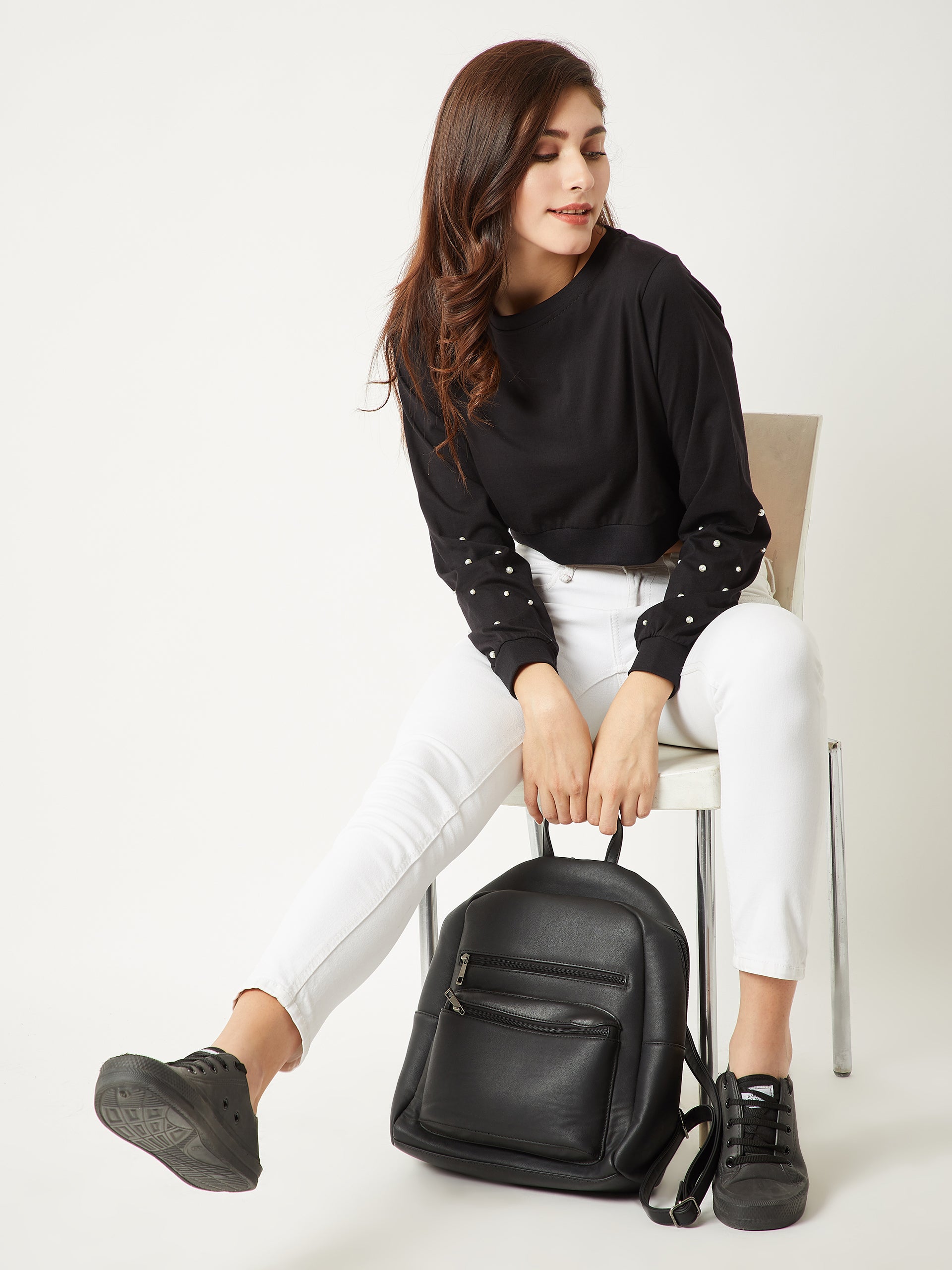 Women's Black Round Neck Full Sleeves Cotton Solid Pearl Detailing Boxy Crop Top