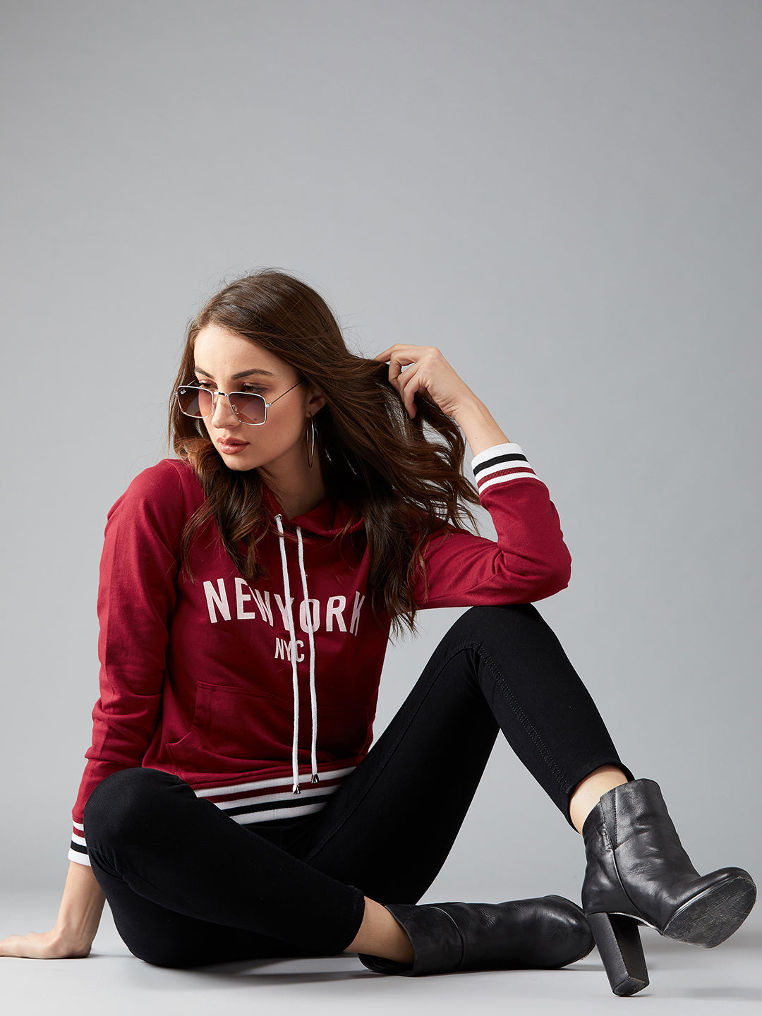 Women's Maroon Hooded Full Sleeves Screen Printed Eyelet Detailing Regular Length Sweatshirt