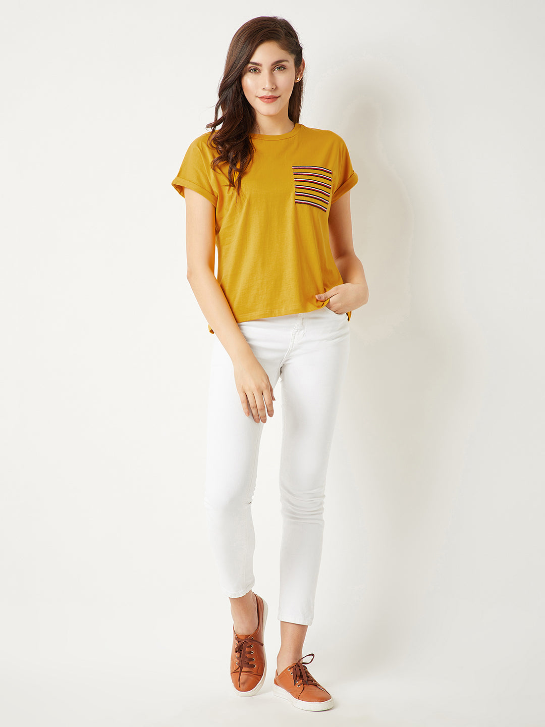 Women's Mustard Yellow Round Neck Continuous Short Sleeve Cotton Solid Twill Pocket T-Shirt