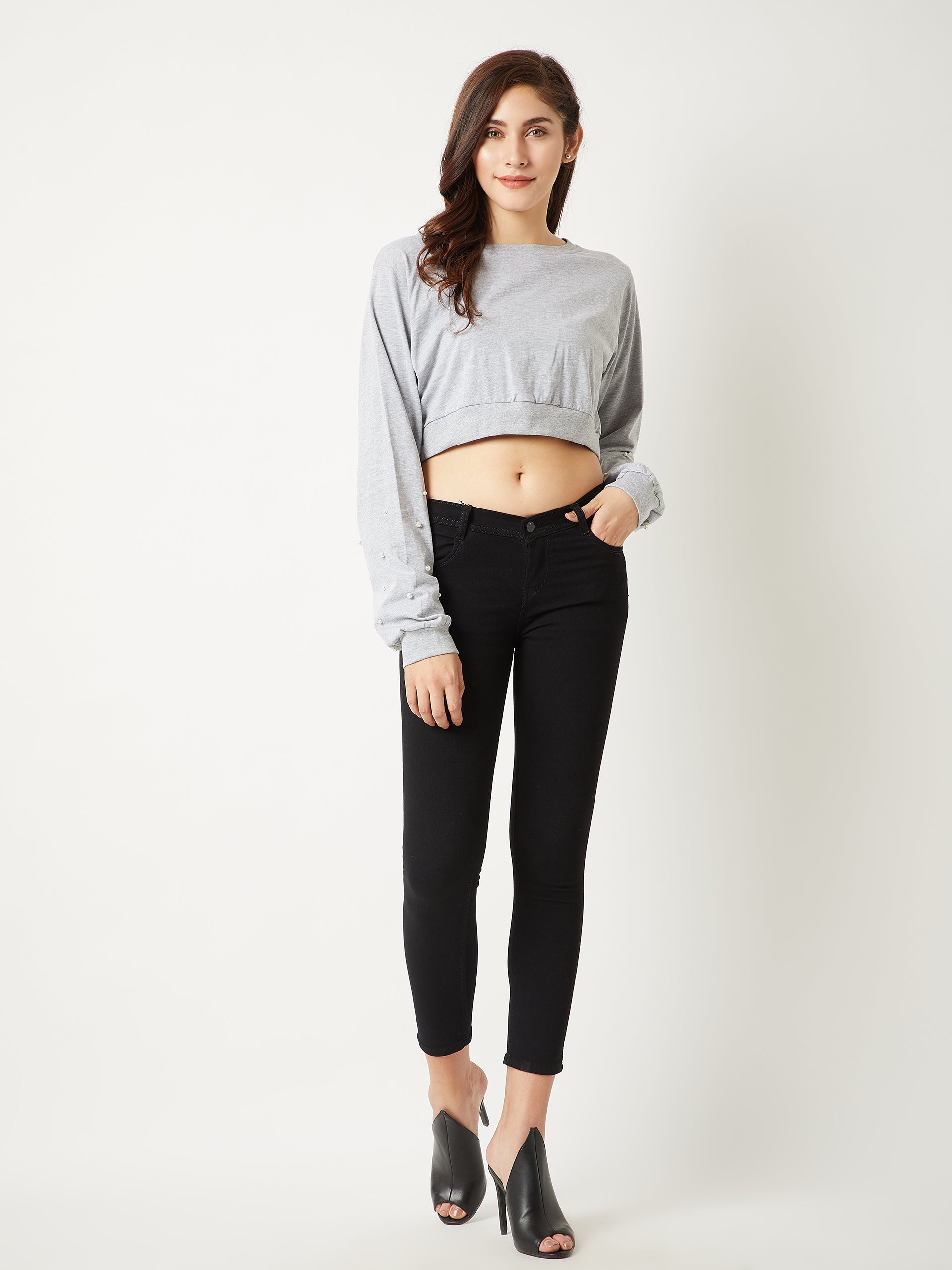 Women's Grey Round Neck Full Sleeve Cotton Pearl Detailing Solid Boxy Crop Top