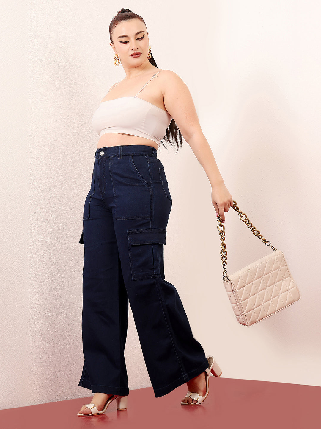 Women's Navy Blue Wide-Leg High-Rise Clean-Look Stretchable Denim Cargo Jeans