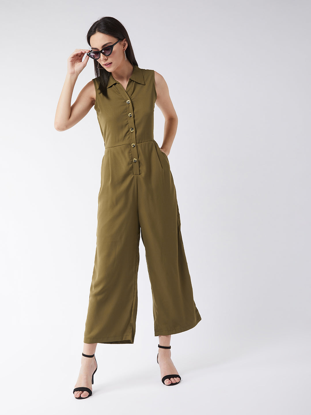 Women's Olive Green Solid Regular Length V - Neck Sleeveless Front Pleat Wide Leg Jumpsuit