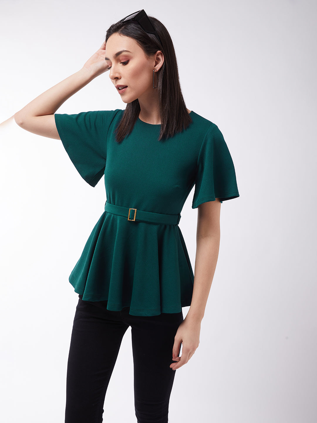 Crease Ease Women's Green Solid Polyester Slim Fit Round Neck Short Sleeve Regular Length Top