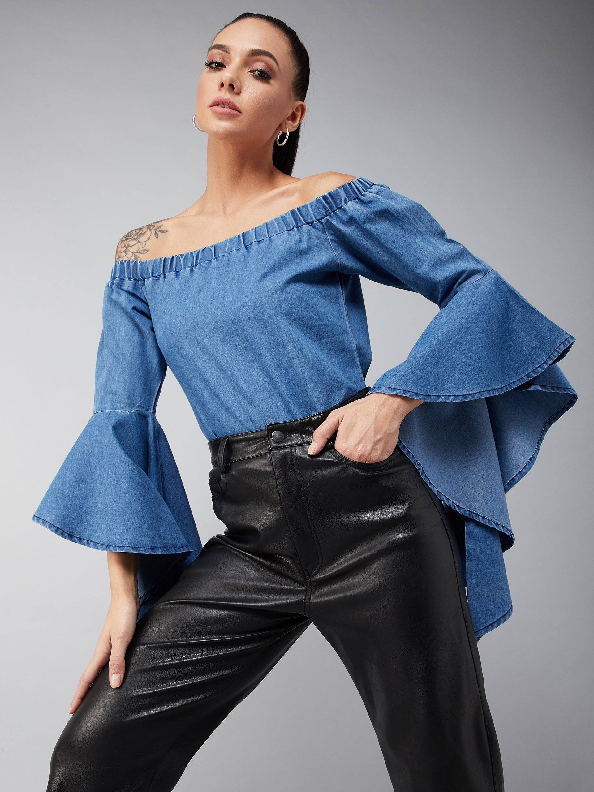 Women's Blue Off-Shoulder Ruffled Full Sleeves Solid Denim Top