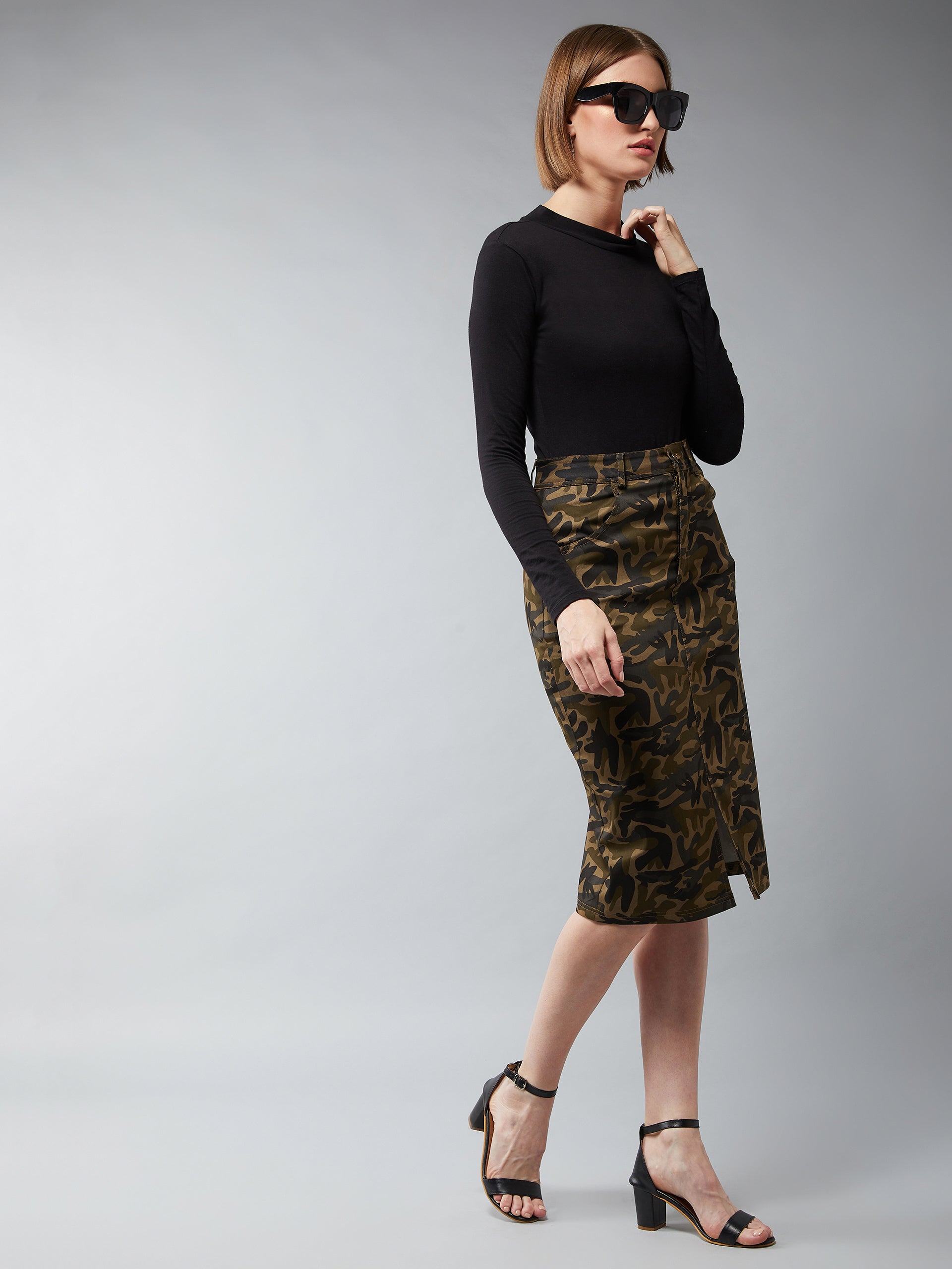 Women's Multicolor- Base Olive Green Cotton Printed Bodycon Midi Skirt