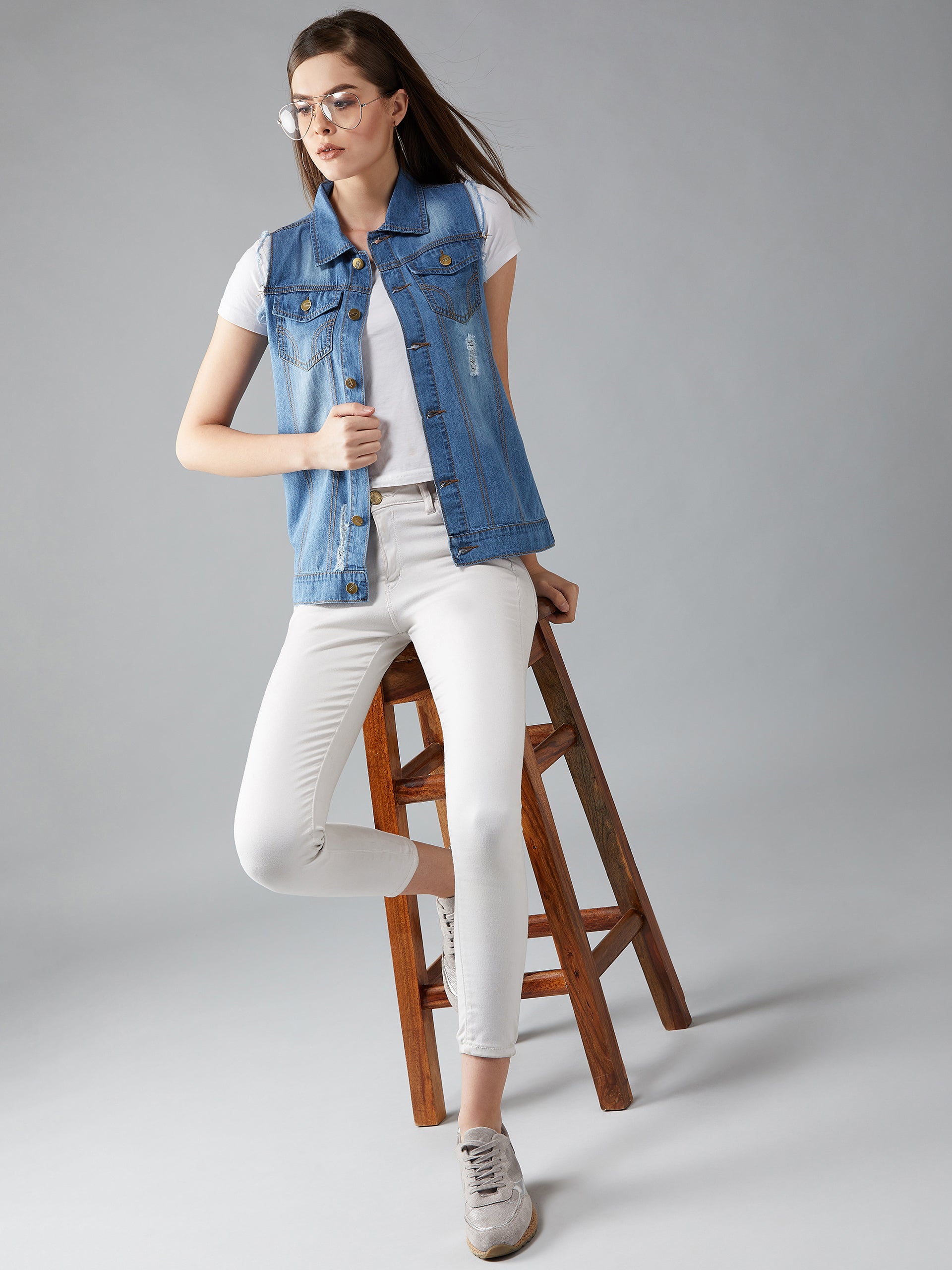 Women's Blue Polo Neck Sleeveless Denim Solid with Fringe Edge Detailing Jacket