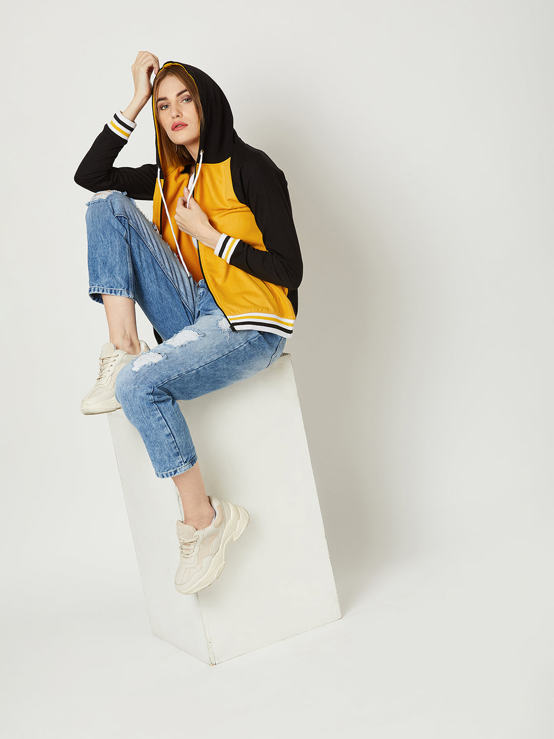 Women's Multicolored- Base- Mustard Yellow Hooded Full Sleeves Loop knit, Rib Solid Color-Block/Raglan Regular Length Jacket