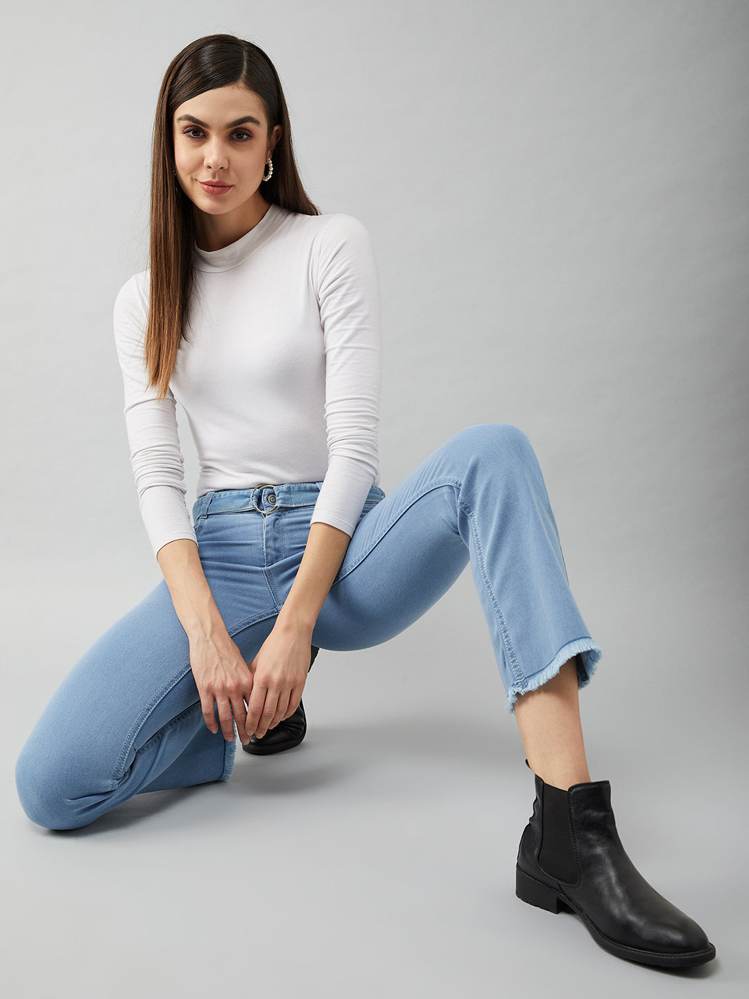 Light Blue Cotton Bootcut Cropped High Rise Stretchable Denim Jeans for Women