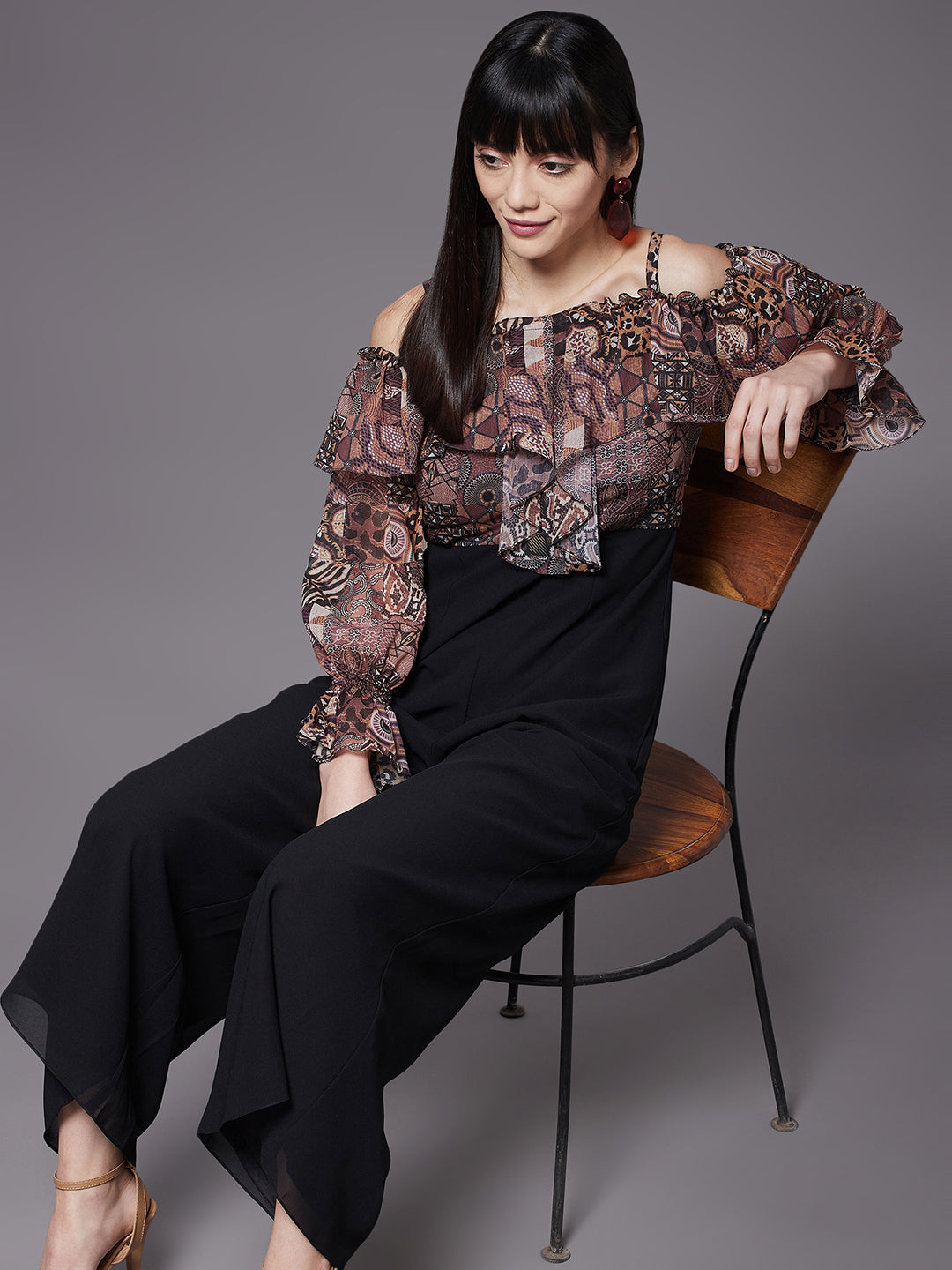 Women's Multicolored-Base-Black Off-Shoulder Ruffled Sleeve Animal Print Frilled Regular Jumpsuit