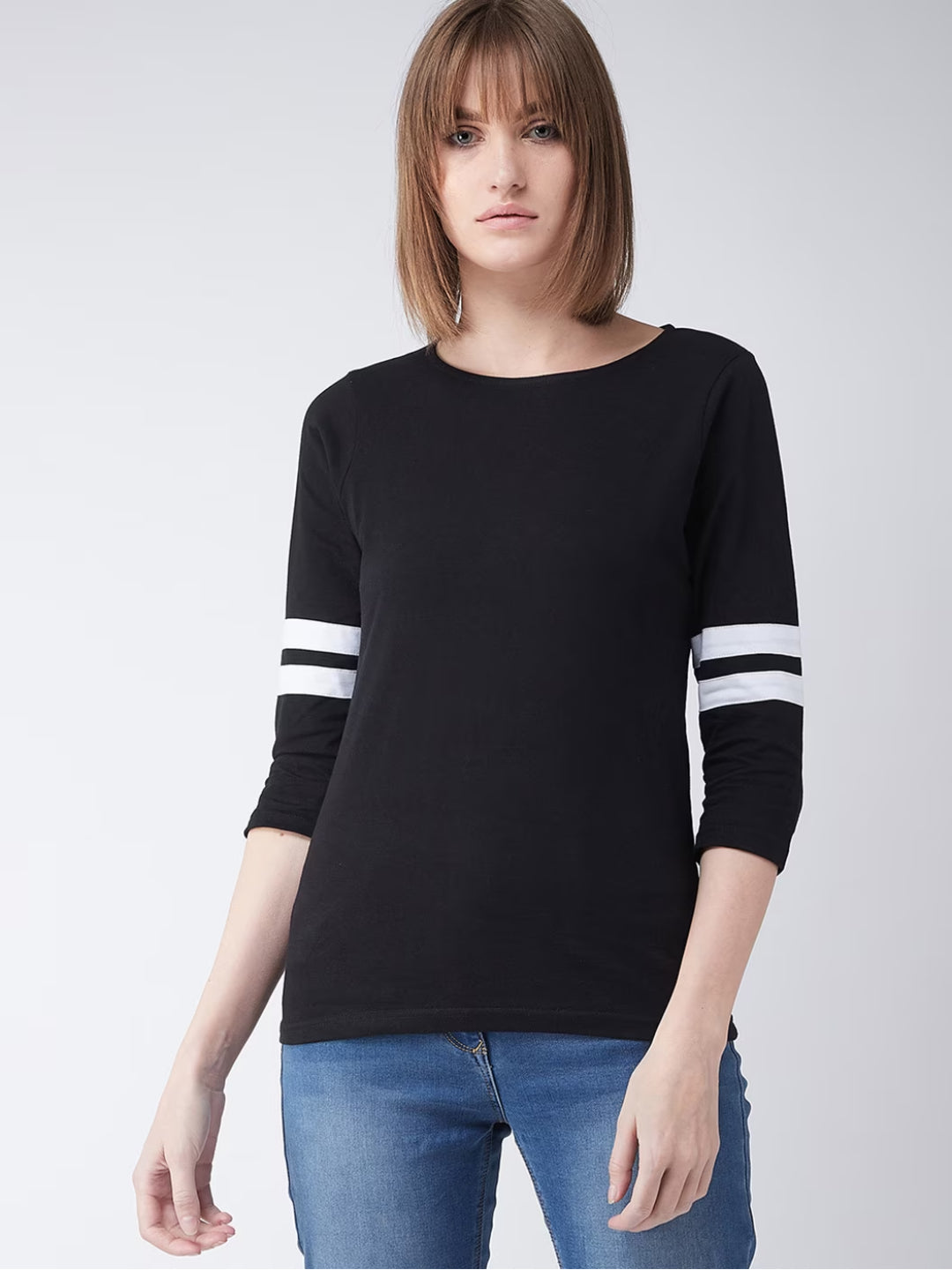 Women's Black Round Neck 3/4 Sleeves Solid Basic Top