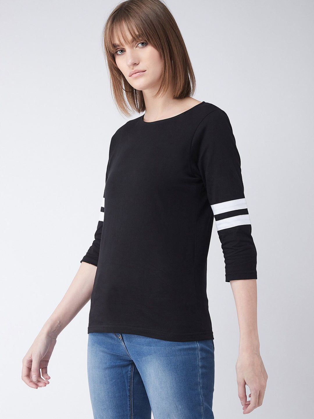 Women's Black Round Neck 3/4 Sleeves Solid Basic Top