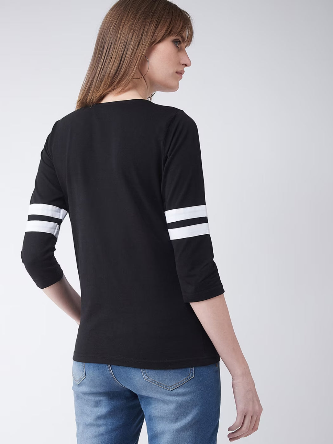 Women's Black Round Neck 3/4 Sleeves Solid Basic Top