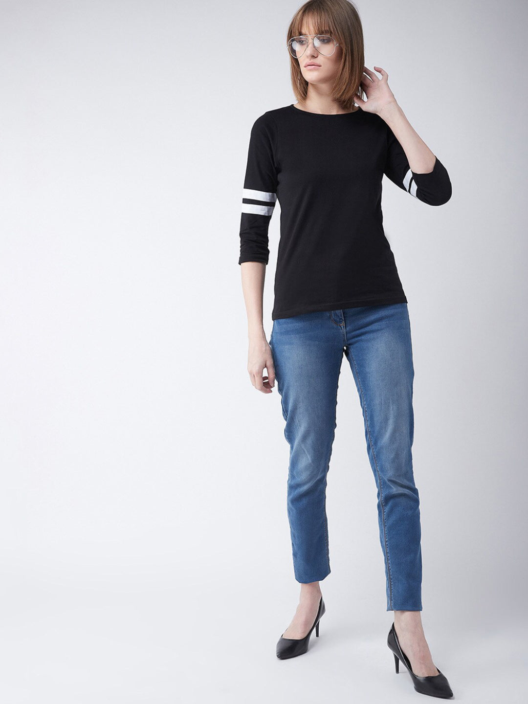 Women's Black Round Neck 3/4 Sleeves Solid Basic Top