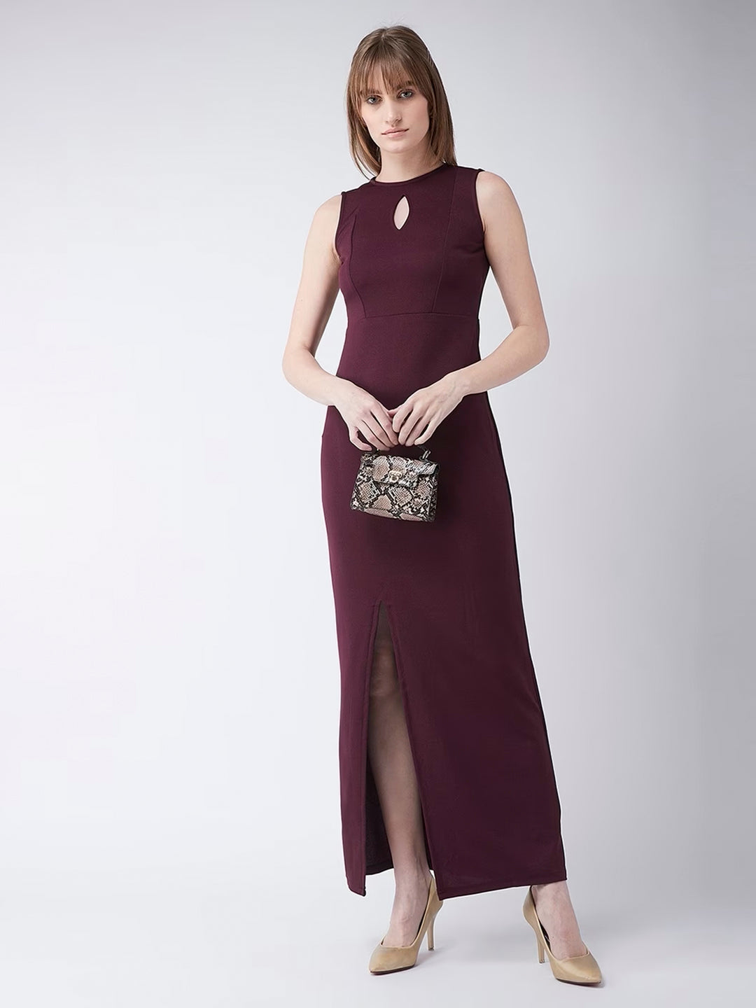 Crease Ease Women's Wine Red Round Neck Sleeveless Solid Bodycon Slit Detailing Maxi Dress