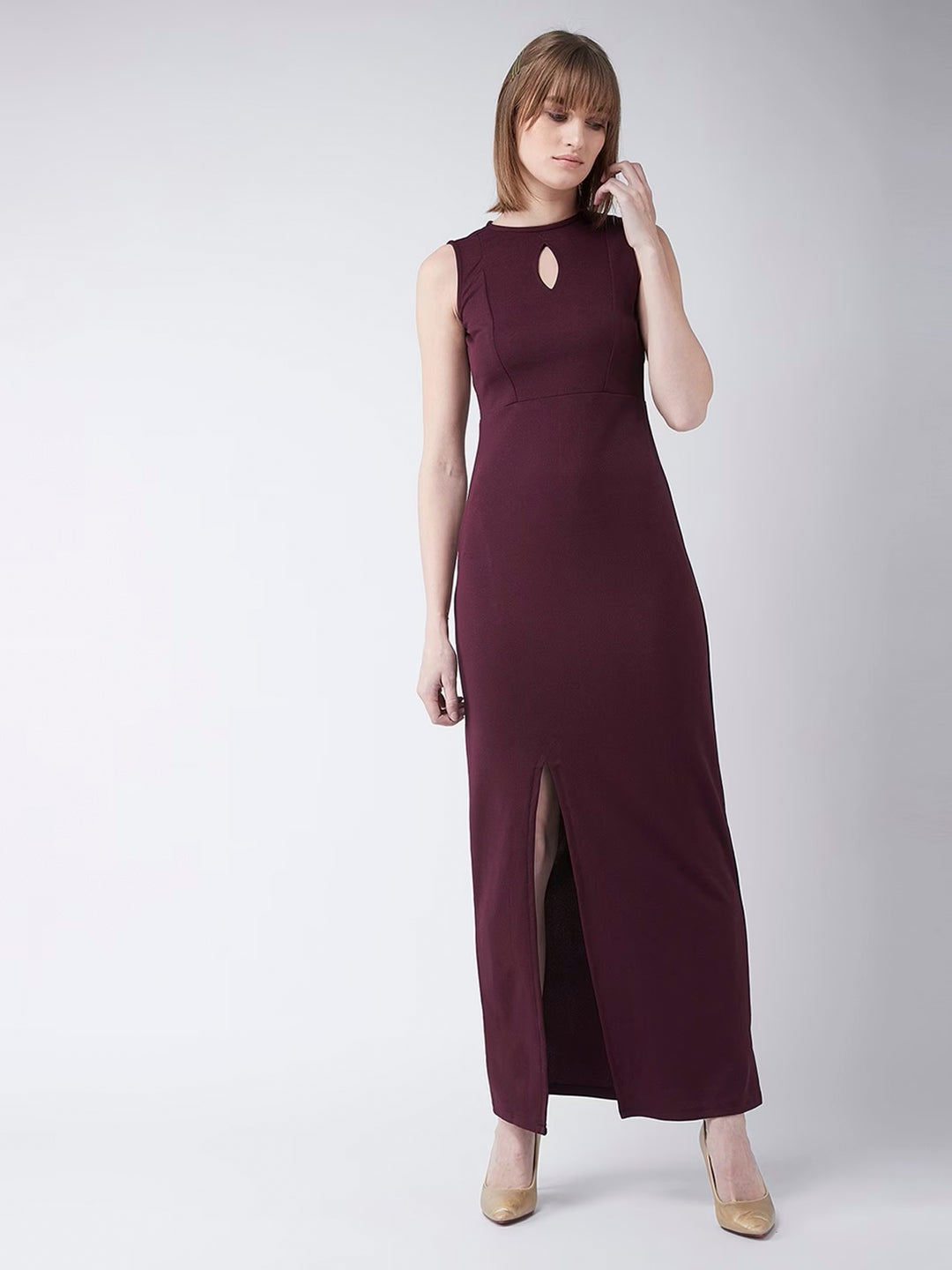 Crease Ease Women's Wine Red Round Neck Sleeveless Solid Bodycon Slit Detailing Maxi Dress