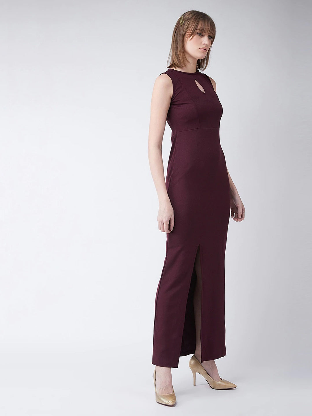 Crease Ease Women's Wine Red Round Neck Sleeveless Solid Bodycon Slit Detailing Maxi Dress