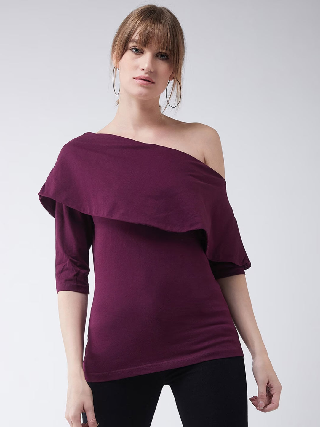 Women's Magenta One shoulder 3/4 Sleeve Solid Layered Top