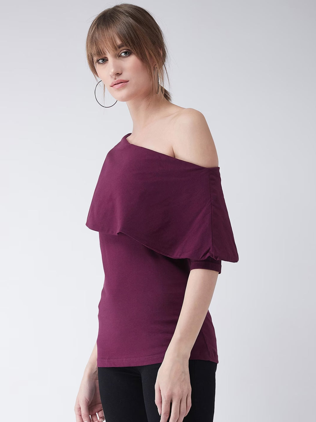 Women's Magenta One shoulder 3/4 Sleeve Solid Layered Top