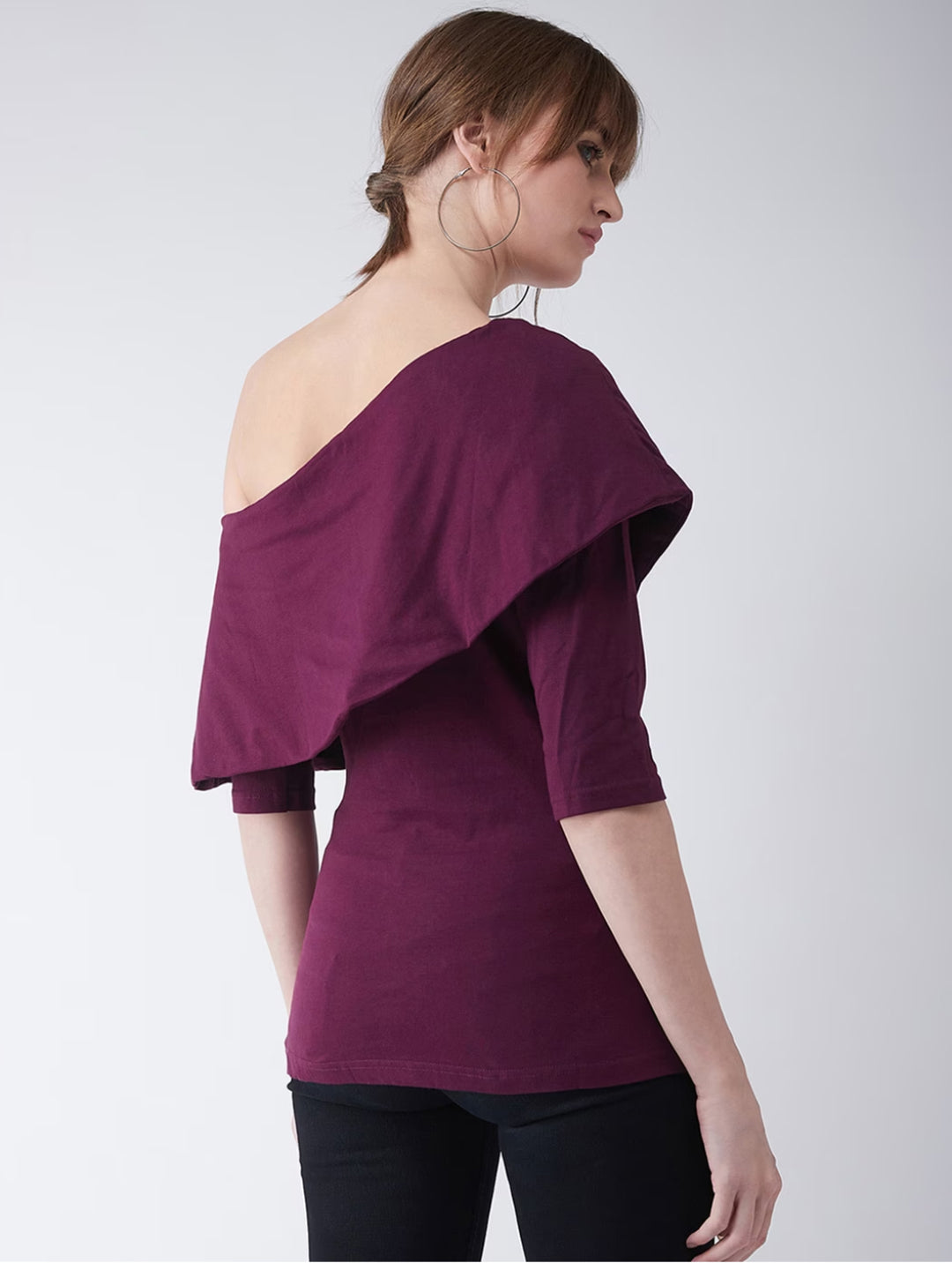 Women's Magenta One shoulder 3/4 Sleeve Solid Layered Top