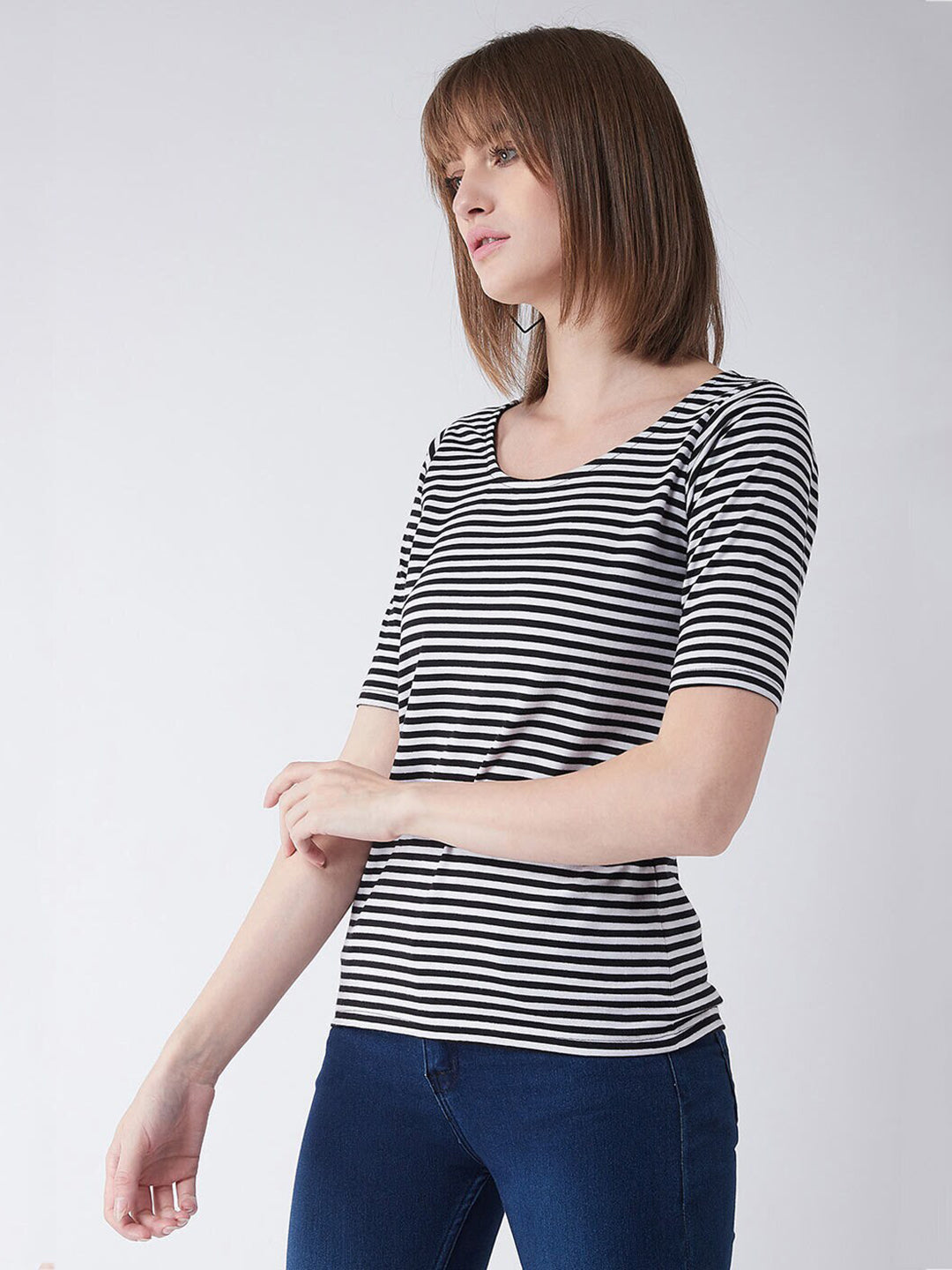 Women's Black & White Round Neck Short Sleeves Striped T-Shirt