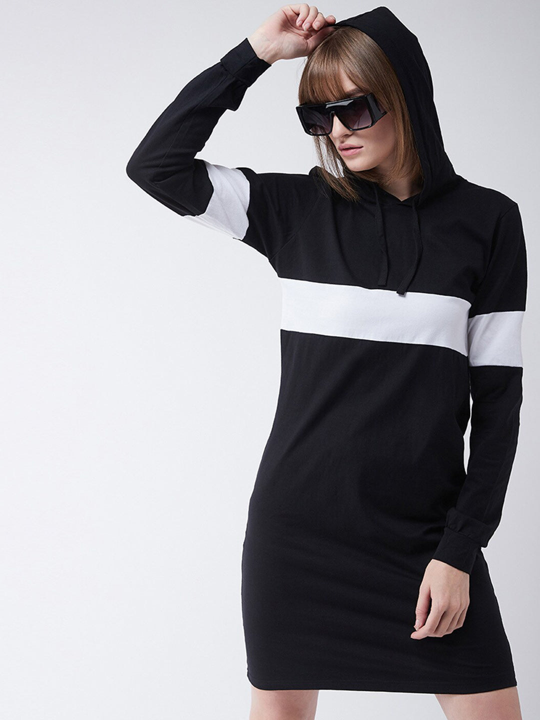 Women's Black Round Neck Full Sleeve Solid Knee-Long Hooded Dress