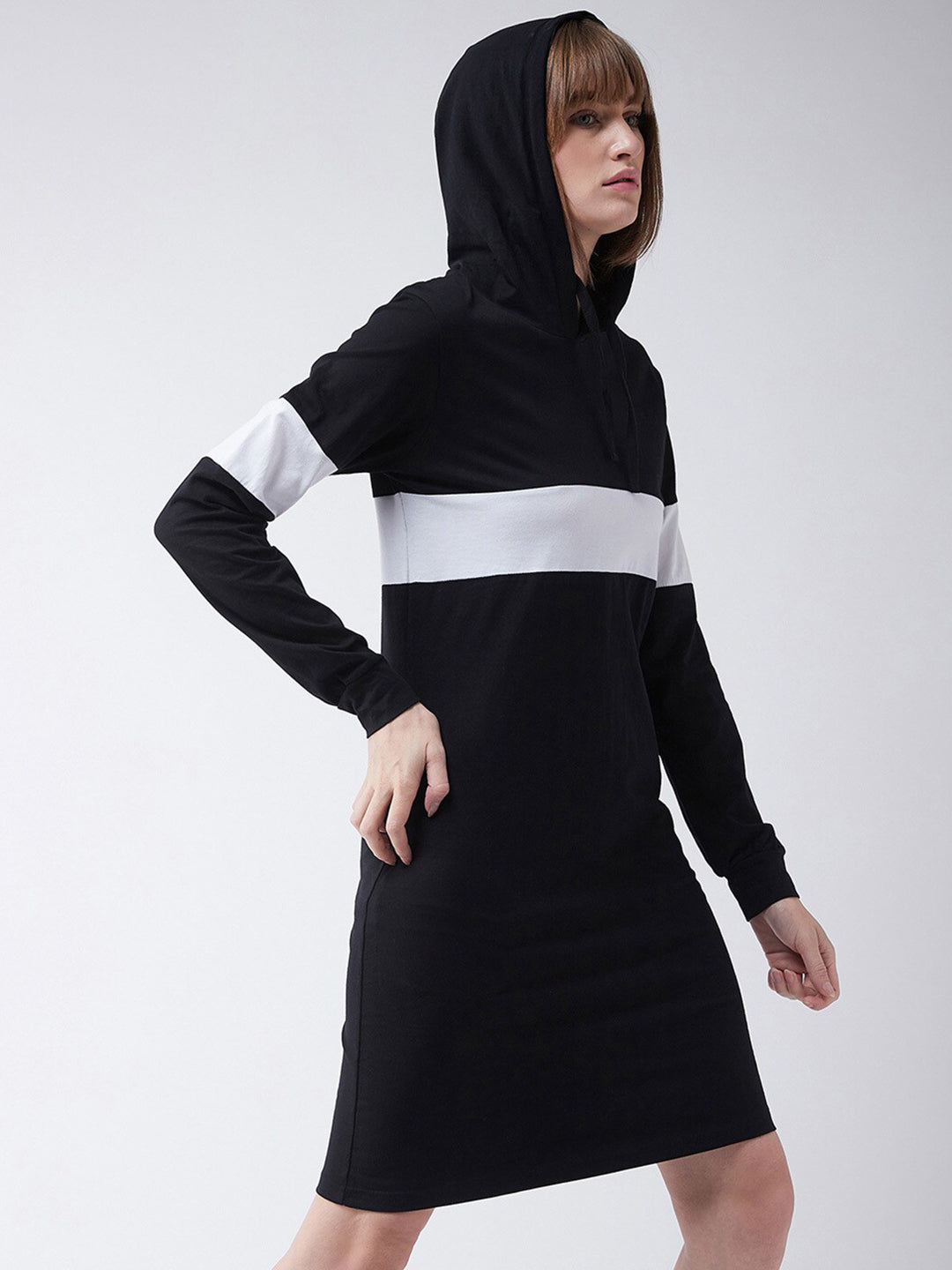 Women's Black Round Neck Full Sleeve Solid Knee-Long Hooded Dress