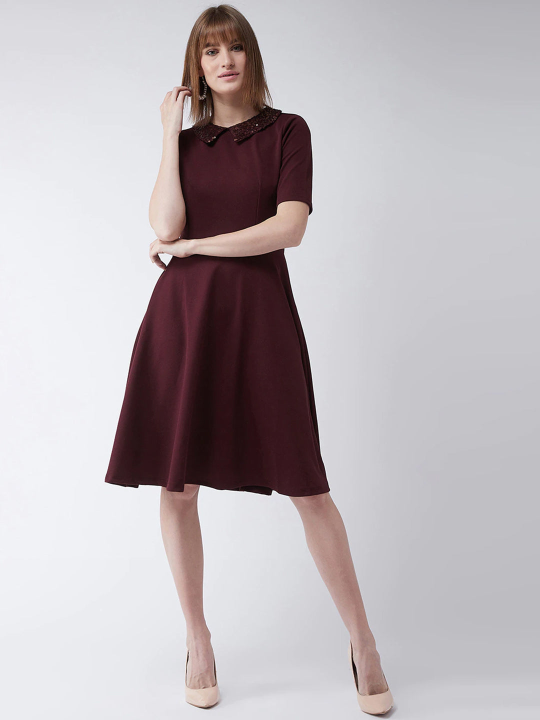 Crease Ease Women's Wine Red Collared Round Neck Half Sleeve Solid Knee-Long Skater Dress