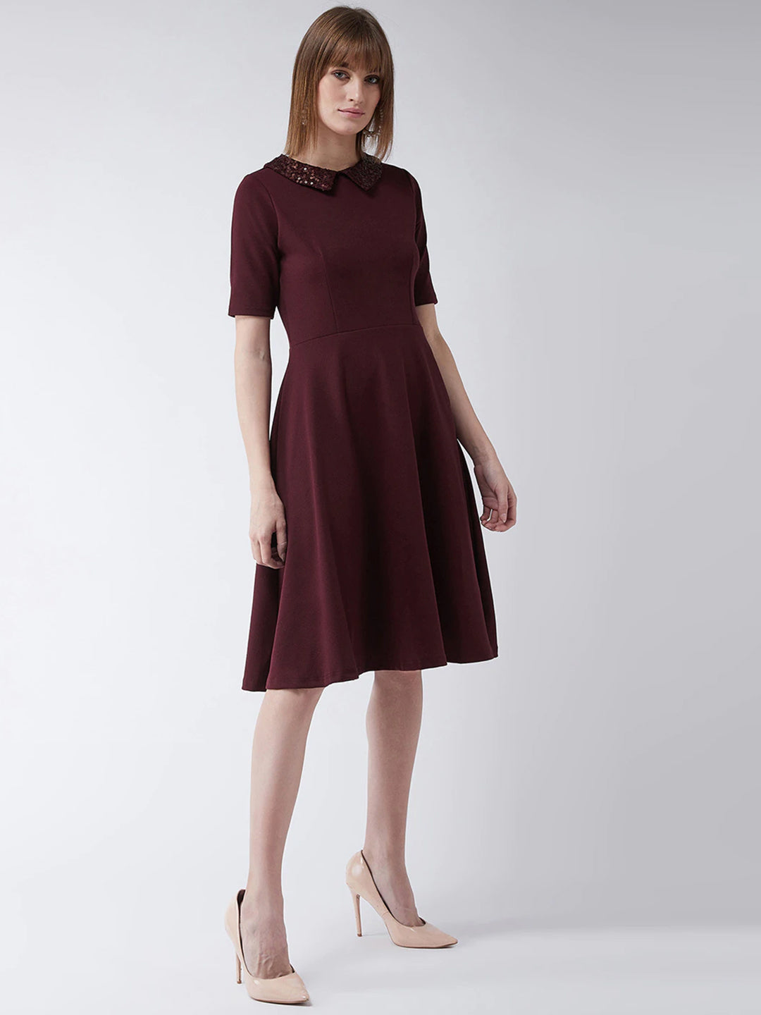 Crease Ease Women's Wine Red Collared Round Neck Half Sleeve Solid Knee-Long Skater Dress