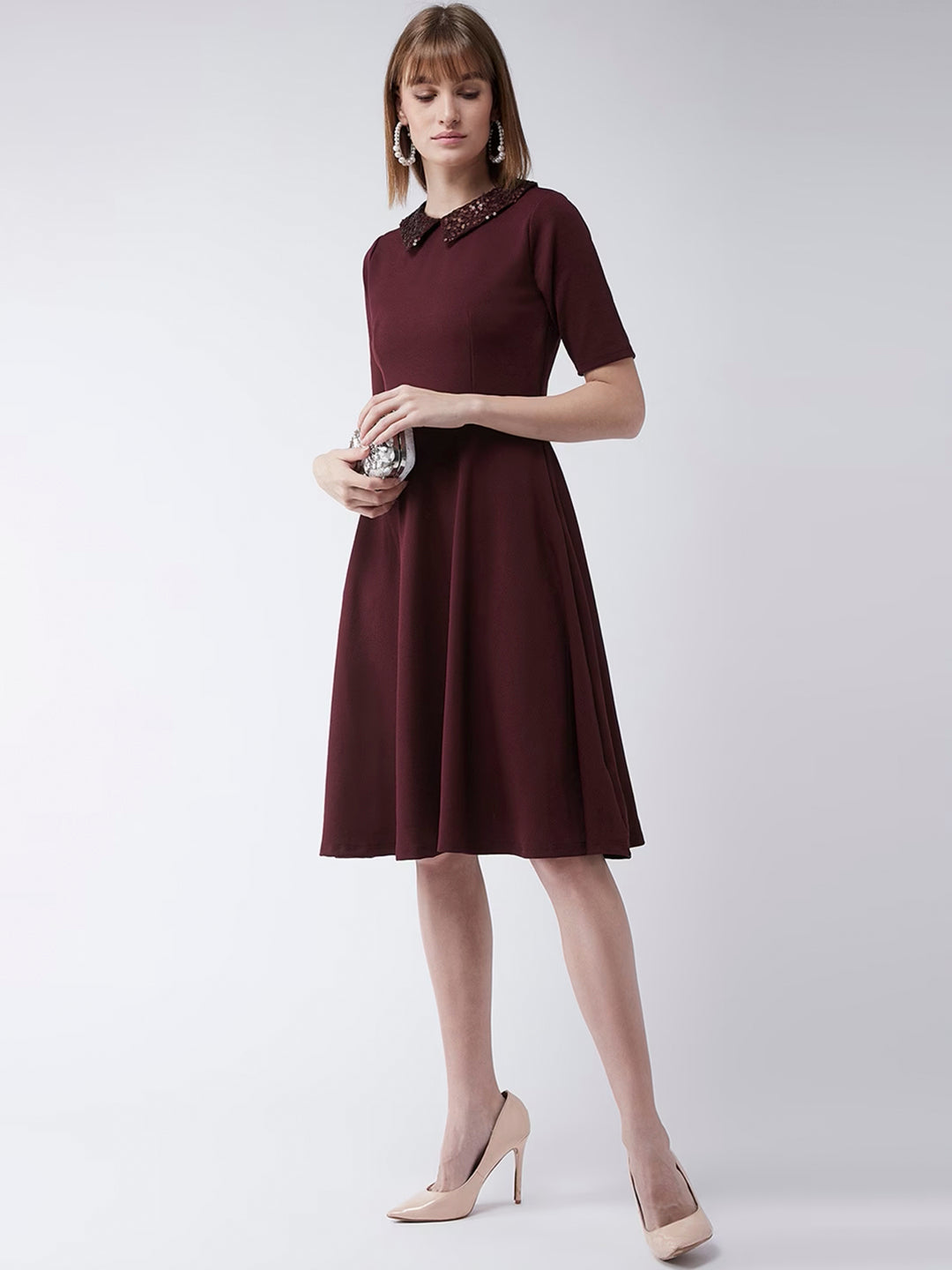 Crease Ease Women's Wine Red Collared Round Neck Half Sleeve Solid Knee-Long Skater Dress