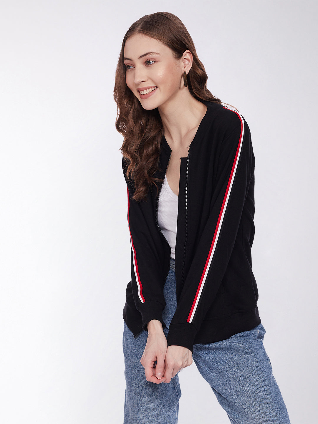 Women's Black V-Neck Full Sleeves Cotton Solid Zippered Twill Tape Detailing Bomber Jacket