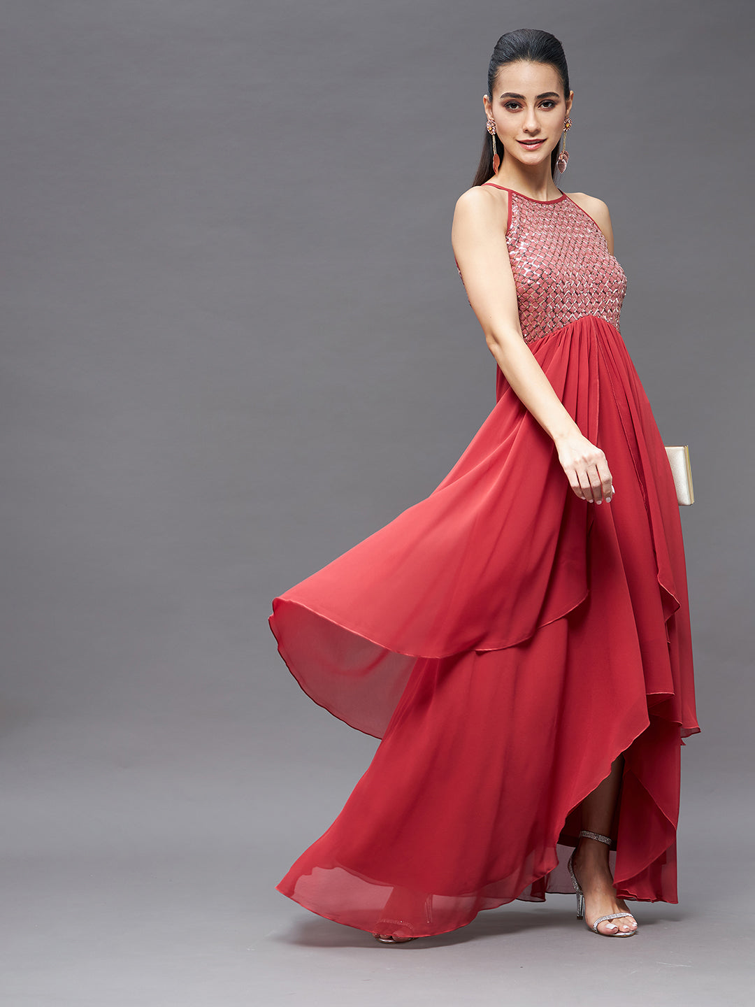 Women's Brick Red Georgette Halter Neck Sleeveless Embellished Layered Maxi Dress