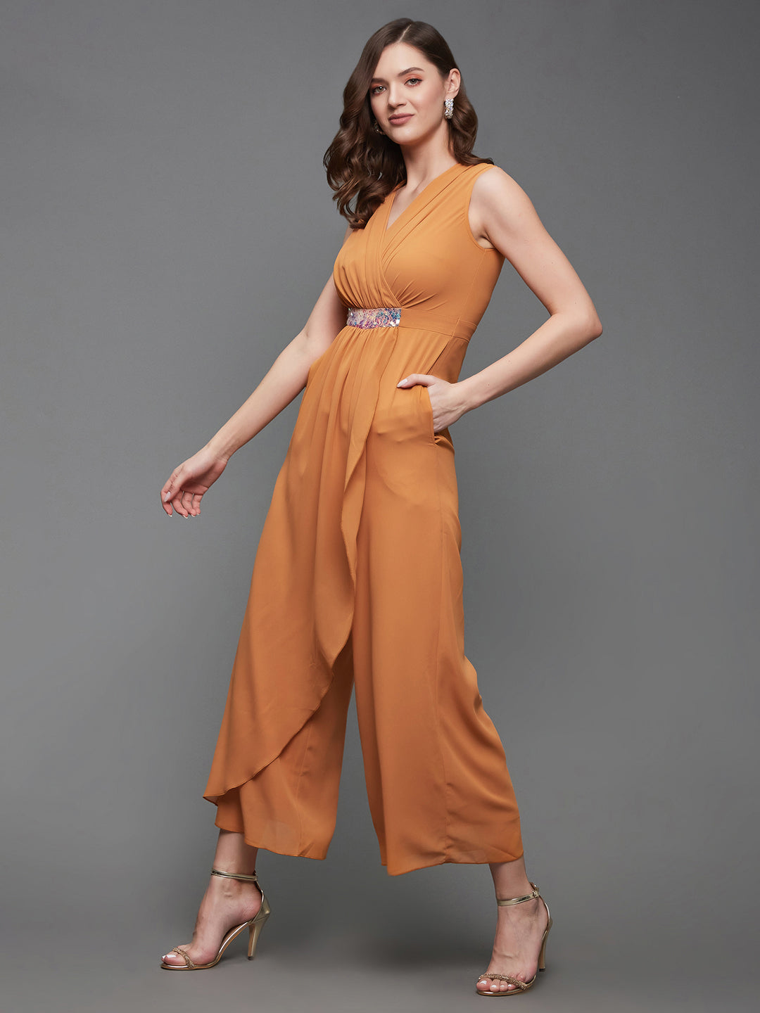 Women's Dusty Orange Colored V-Neck Sleeveless Sequined Wrap Party Jumpsuit