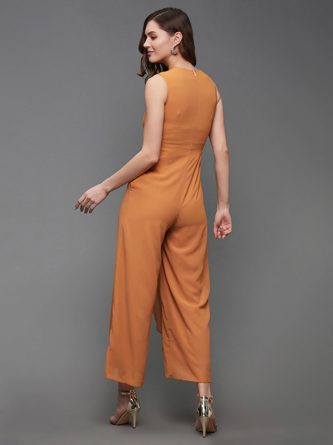 Women's Dusty Orange Colored V-Neck Sleeveless Sequined Wrap Party Jumpsuit