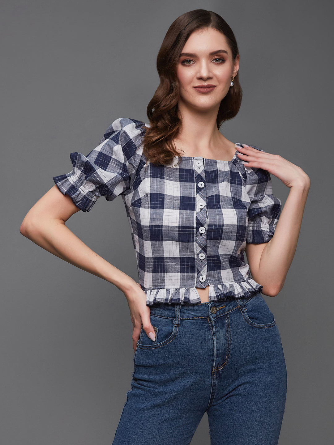 Women's Navy and White Checkered Square Neck Puff Sleeves Polyester Ruffled Short Top