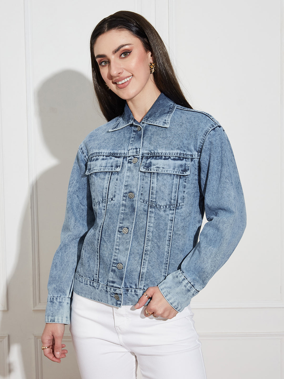 Women's Light Blue Collared Full Sleeve Solid Classic Regular Length Denim Jacket