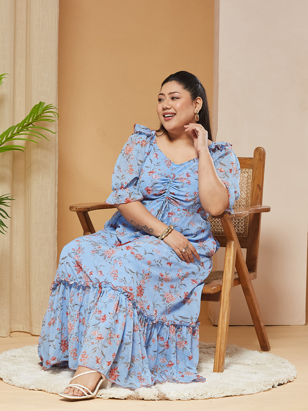 Multicolored-Base-Powder Blue V-Neck Puff-Sleeves Floral Ruching Ankle-Length Dress for Women