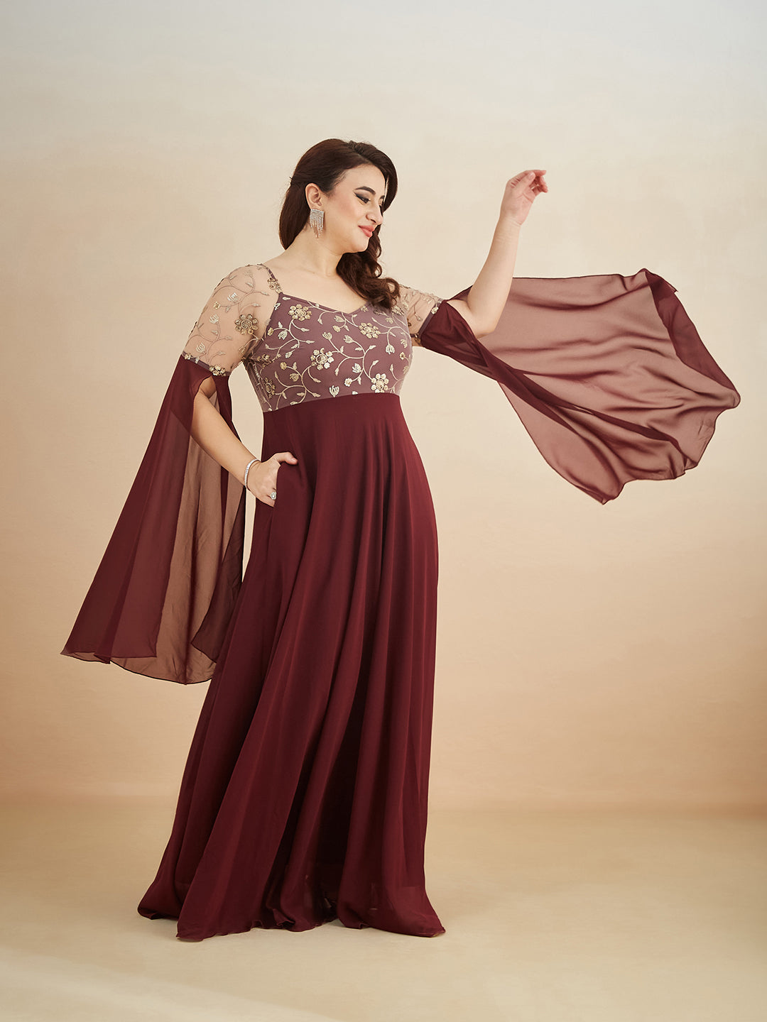 Wine V-Neck Flared Long sleeve Embroidered Fit & Flare Maxi Dress for Women