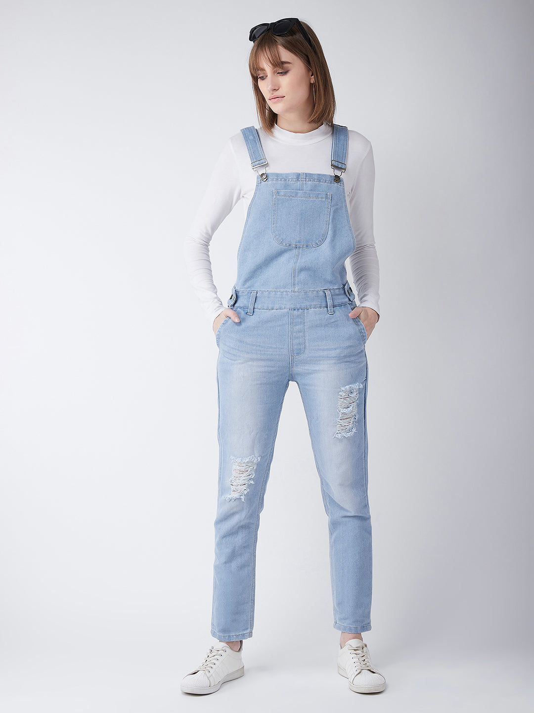 Women's Light Blue Regular Fit Mid Rise Regular Length Ripped Denim Dungaree