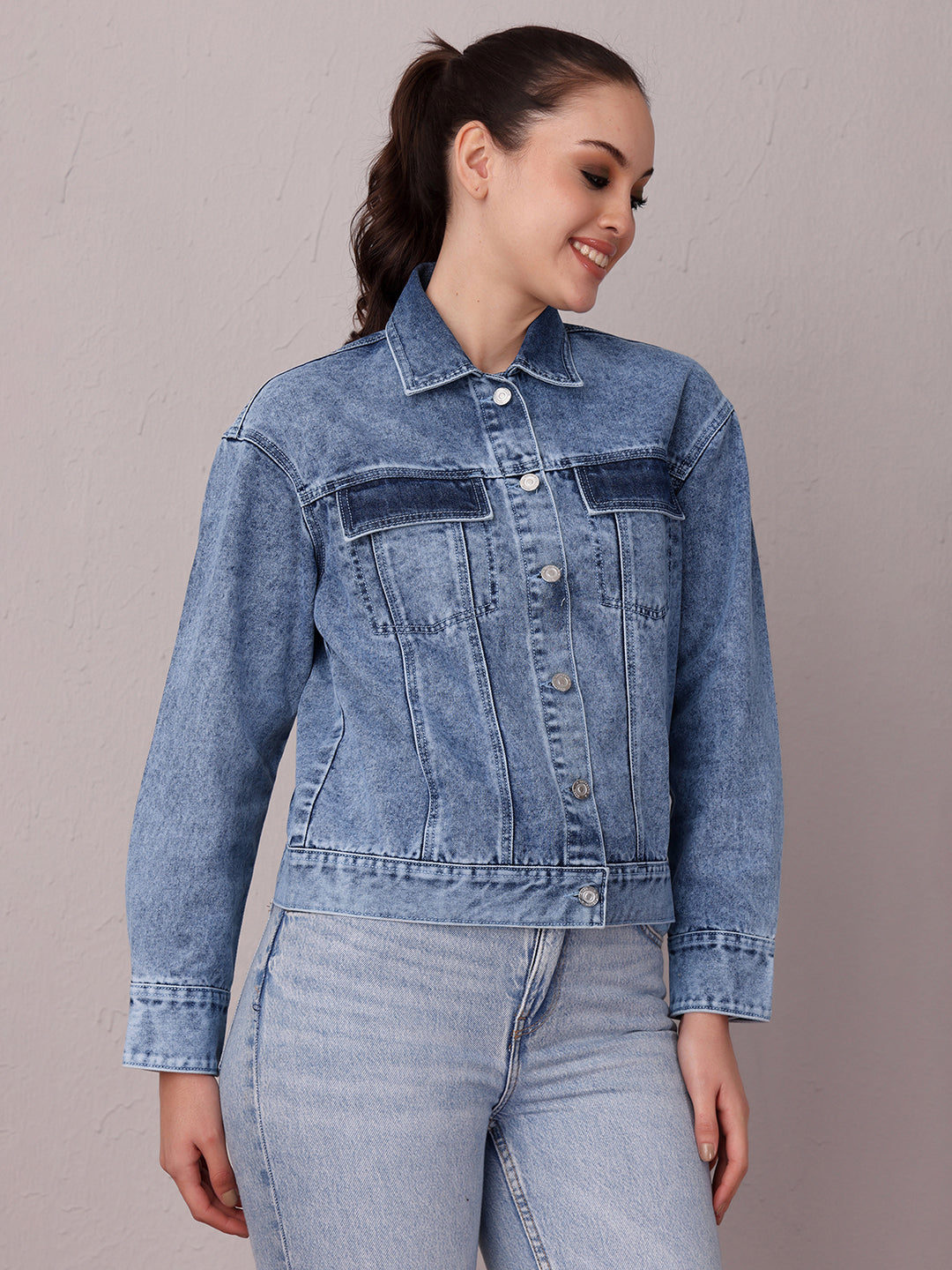 Women's Light Blue Collared Full Sleeve Solid Classic Regular Length Denim Jacket