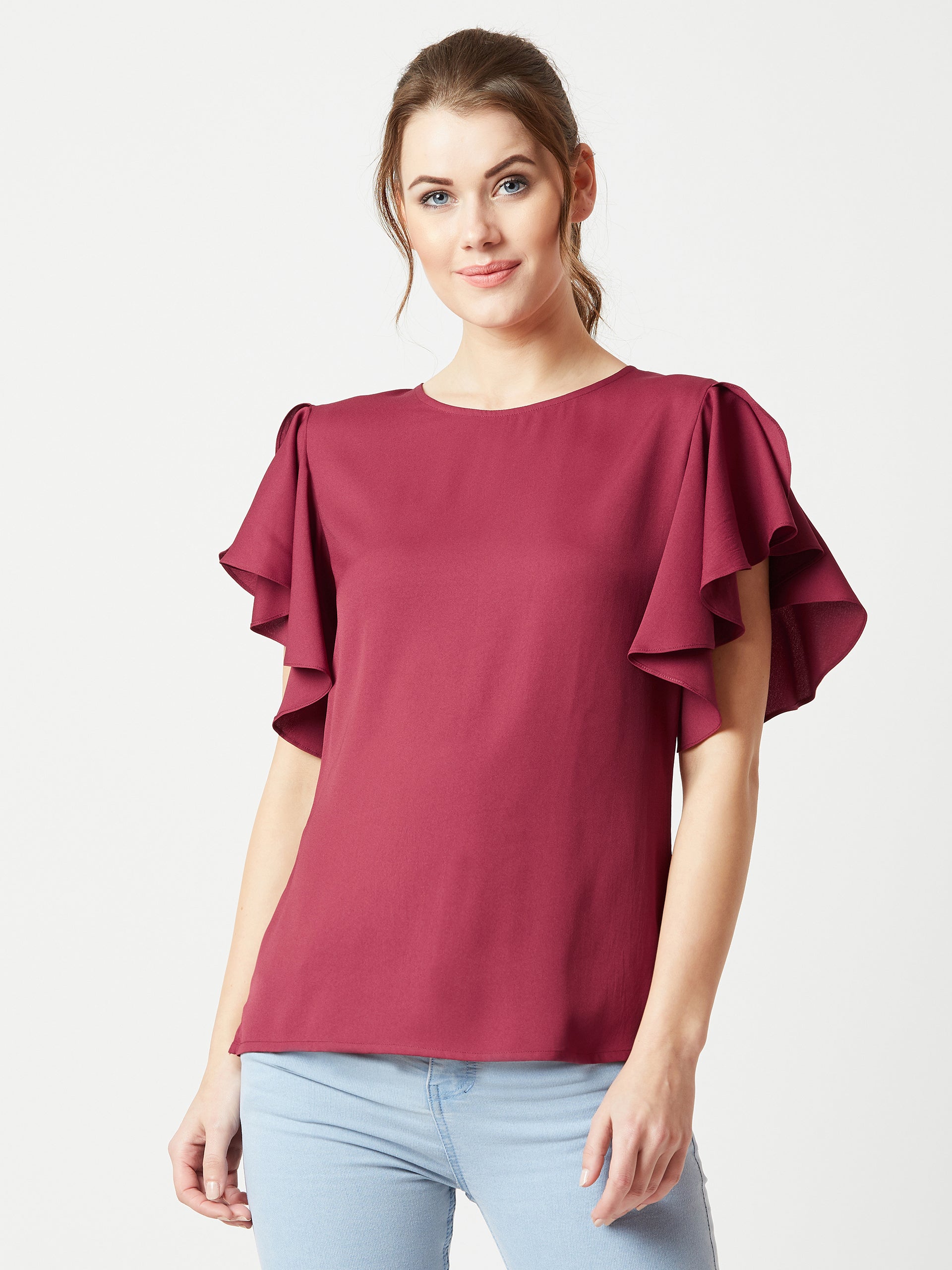 Women's Maroon Round Neck Short Sleeve Solid Ruffled Top