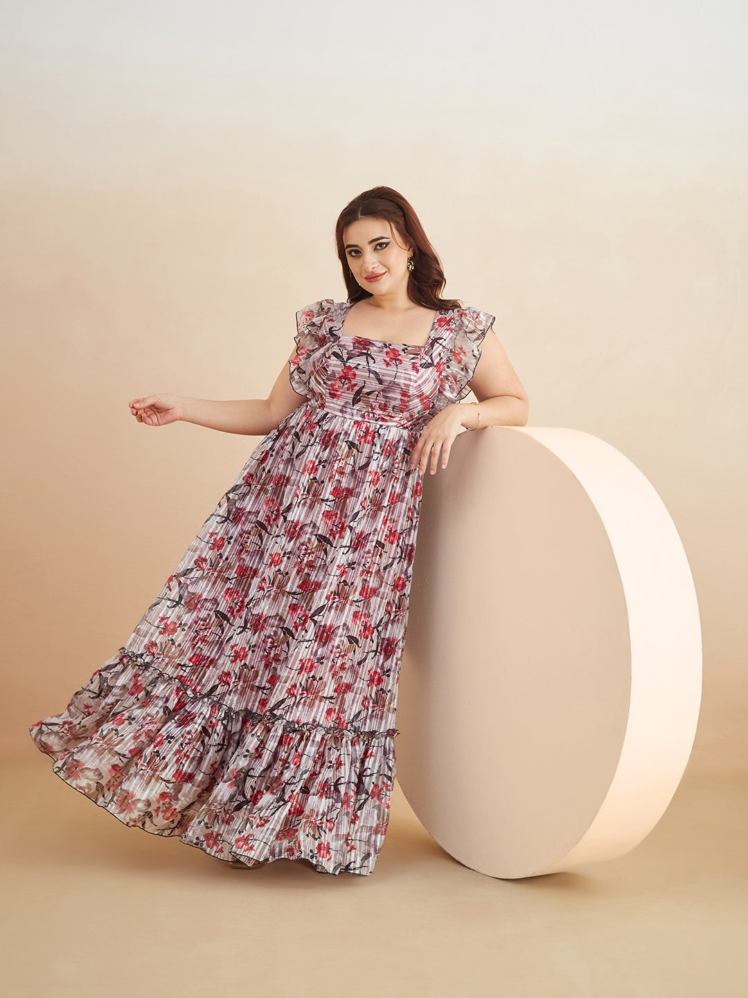 Multicolored-Base-Off White Square Neck Layered Ruffles Sleeve Floral Patterned Tiered Maxi Georgette Dress for Women