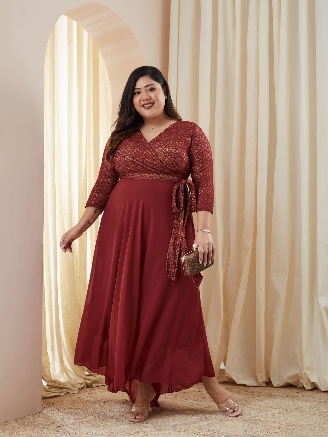 Maroon Floral Printed Relaxed Fit V-Neck 3/4Th Sleeve Georgette Maxi Dress  for Women