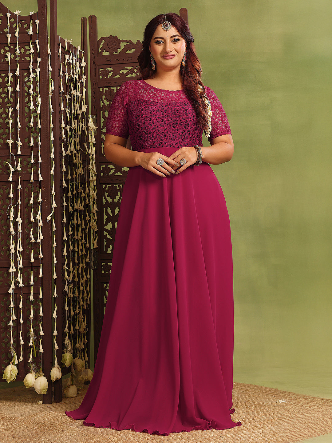Women's Dark Pink Half Sleeve Solid Lace-Overlaid Maxi Dress